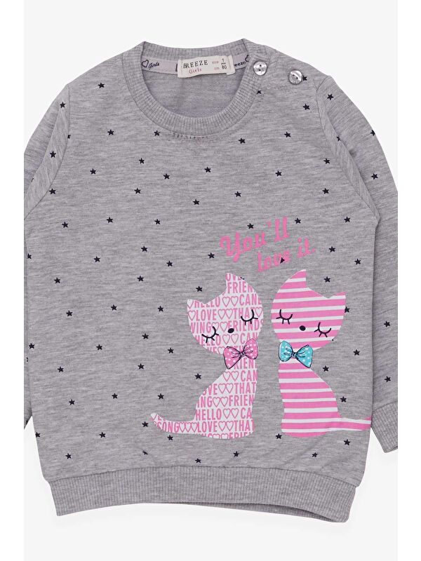 Breeze Kız Bebek Sweatshirt Mutlu Kedicikler Gri Melanj (4 Ay-1.5 Yaş)