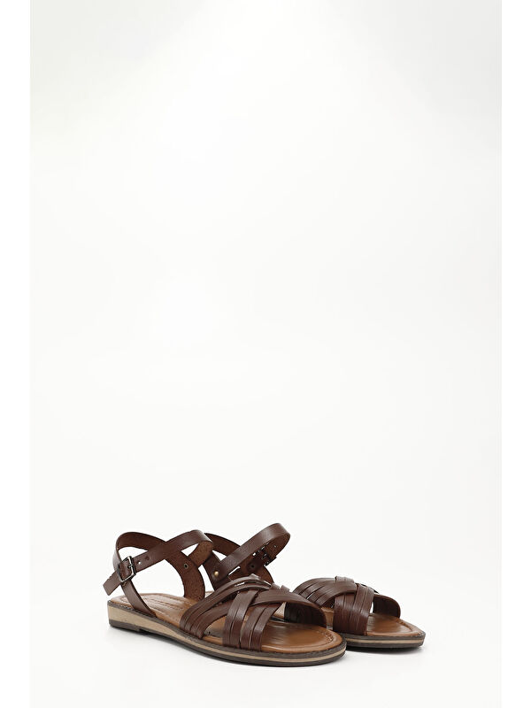 Kadın ÇİKOLATA KAHVE Çapraz Bantlı Hakiki Deri Sandalet - Görsel 3