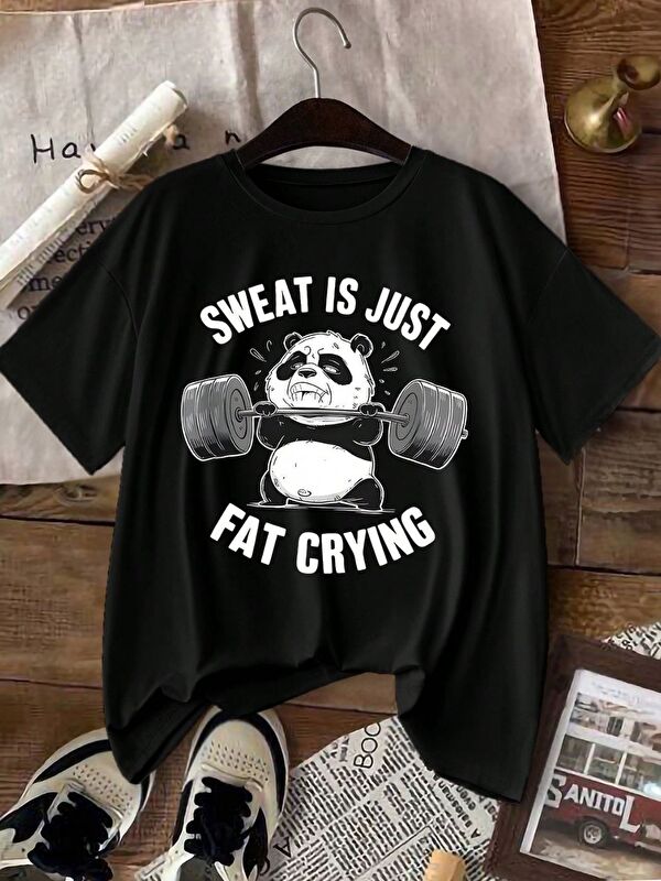 Trendseninle Siyah Fat Crying Baskılı Regular Tişört