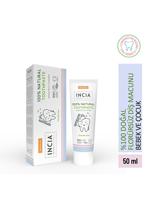 INCIA %100 Doğal Diş Macunu Bebek ve Çocuk Karışık Meyve Aromalı Florürsüz 50 ml