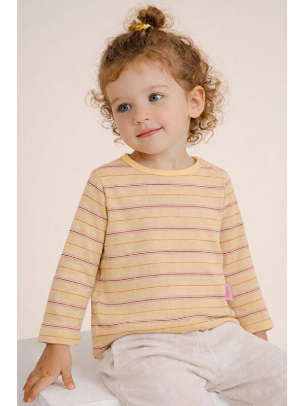 Breeze Kız Bebek Uzun Kollu Tişört Patlı Renkli Çizgili Krem (9 Ay-3 Yaş)