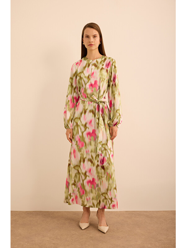 AKER Pembe Batik Desenli Elbise