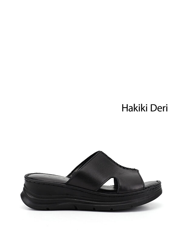 GÖNDERİ(R) Kadın SİYAH Dolgu Taban Hakiki Deri Terlik