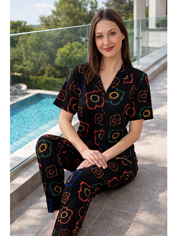 Remsa Kadın Desenli Kısa Kol Elastanlı Viskon Pijama Takımı 0134 Siyah02