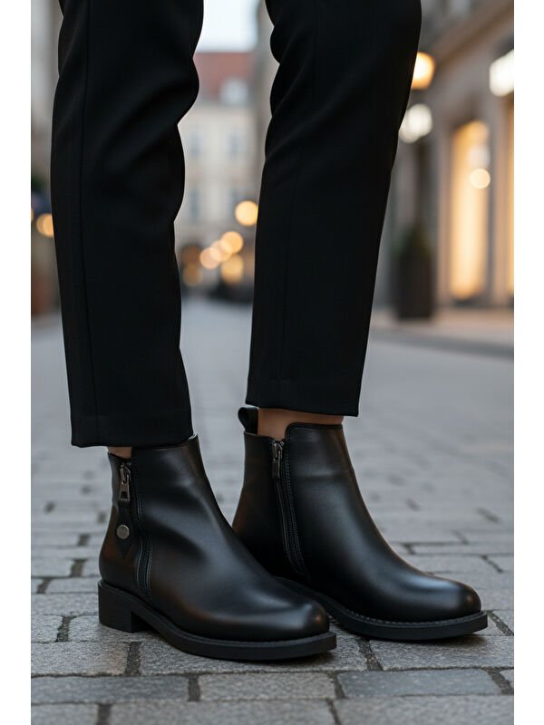 Siyah Cilt Polarlı Kaymaz Taban Kadın Topuklu Bot 224581 Z - Görsel 4