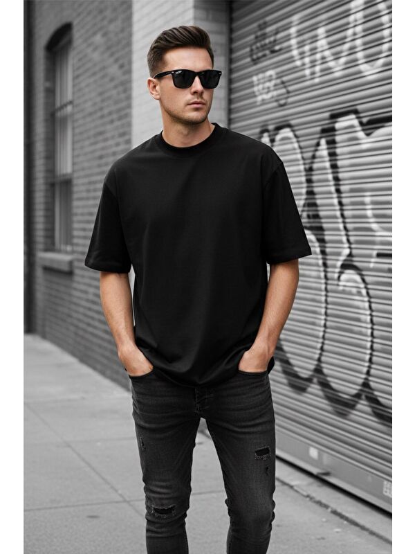 Oksit Siyah Benriy Erkek  Basic Bisiklet Yaka Pamuklu T-Shirt Rahat Kesim Unisex Sevgili Kombini-19351