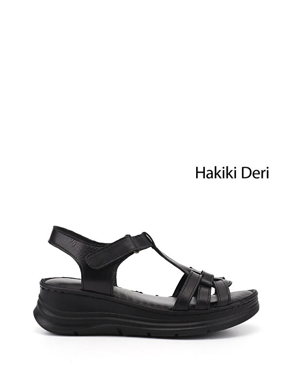 GÖNDERİ(R) Kadın SİYAH Cırt Bantlı Dolgu Topuk Hakiki Deri Sandalet