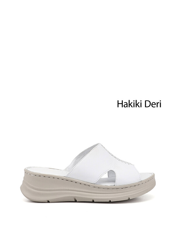 GÖNDERİ(R) Kadın CANLI BEYAZ Dolgu Taban Hakiki Deri Terlik