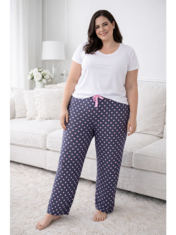 Remsa Büyük Beden Kadın Puantiye Desen Viskon Kumaş Penye Battal Tek Pijama Alt 03 Antrasit