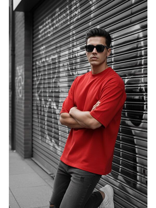 Oksit Kırmızı Benriy Erkek  Basic Bisiklet Yaka Pamuklu T-Shirt Rahat Kesim Unisex Sevgili Kombini-20045