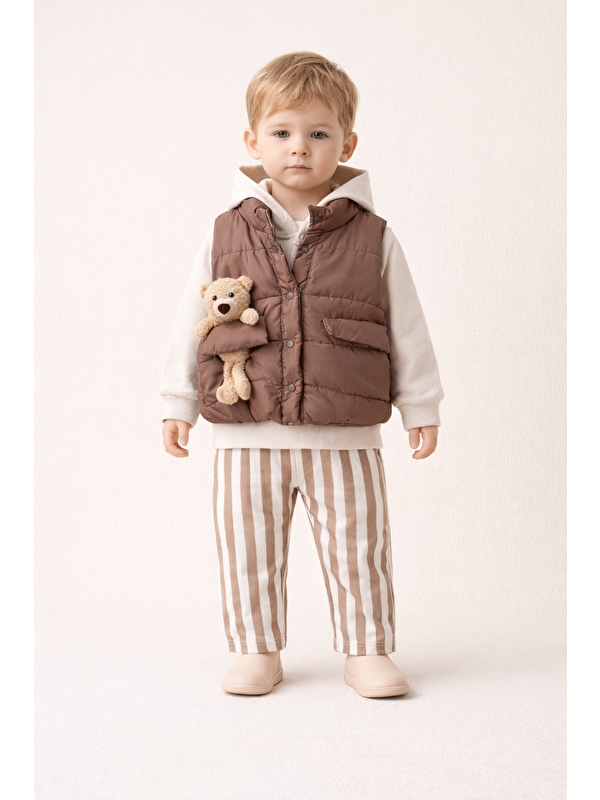 Harika Kids Erkek Bebek 3’lü Takım 9-24 Ay Şişme Yelek %100 Pamuk Sweatshirt Gabardin Pantolon