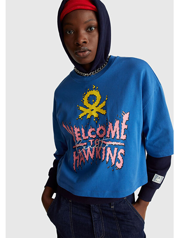United Colors Of Benetton Kadın Mavi  %100 Pamuk Boxy Fit Stranger Things Baskılı T-Shirt