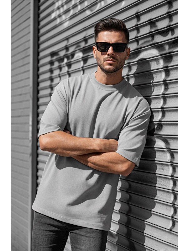 Oksit Gri Benriy Erkek  Basic Bisiklet Yaka Pamuklu T-Shirt Rahat Kesim Unisex Sevgili Kombini-20600