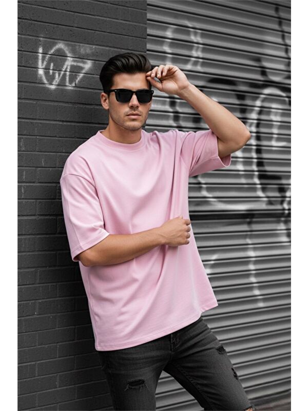 Oksit Pembe Benriy Erkek  Basic Bisiklet Yaka Pamuklu T-Shirt Rahat Kesim Unisex Sevgili Kombini-20024