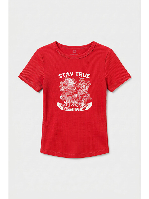 Tommylife Nar Çiçeği Standart Fit Baskılı Kısa Kollu Kadın T-Shirt - 97201