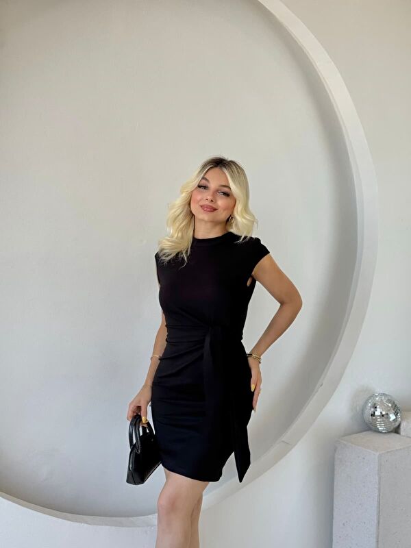Jane's Kadın Kısa Kap Kollu Bisiklet Yaka Belden Bağlamalı Modal Mini Elbise