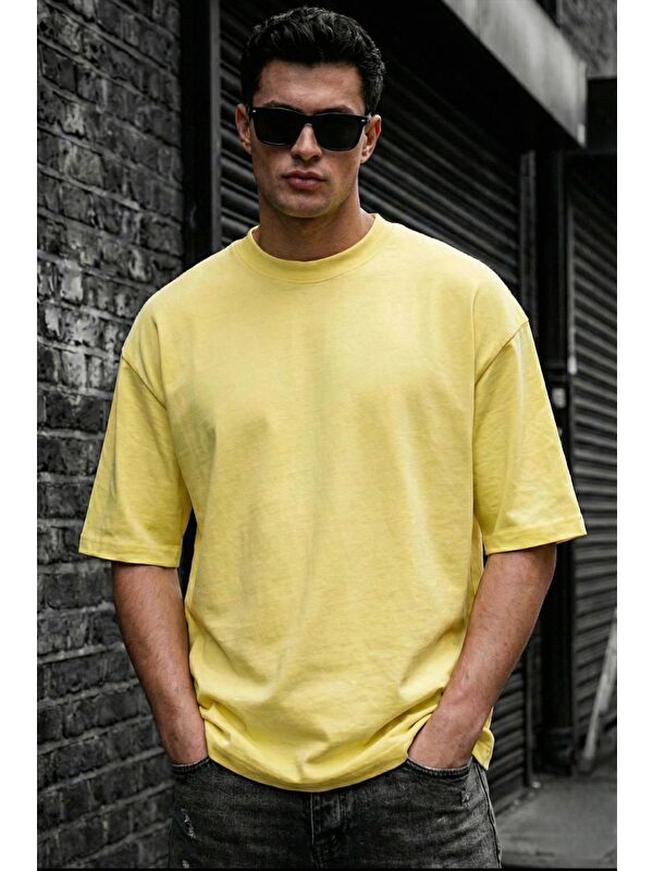 Oksit Sarı Benriy Erkek  Basic Bisiklet Yaka Pamuklu T-Shirt Rahat Kesim Unisex Sevgili Kombini-20072
