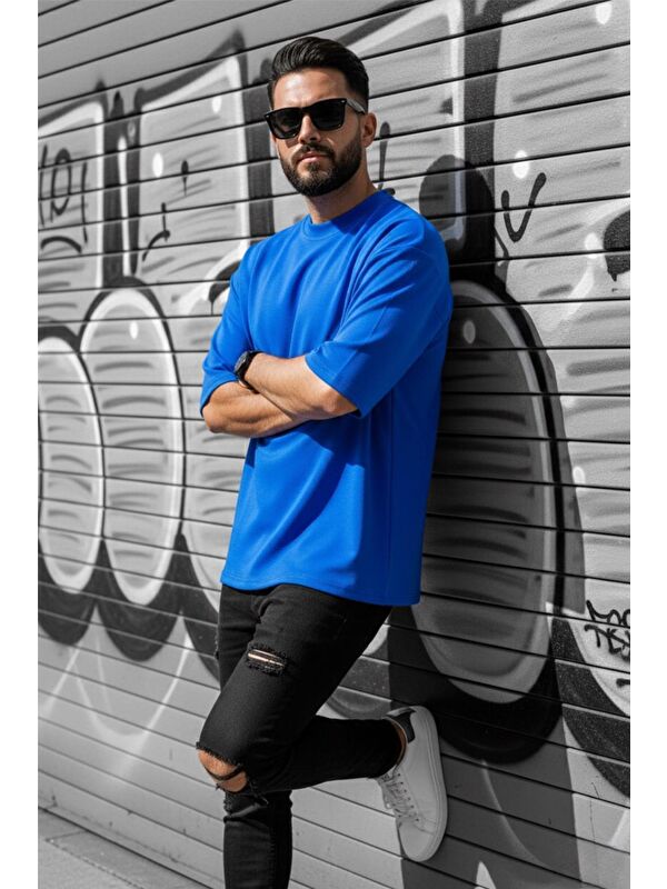 Oksit Mavi Benriy Erkek  Basic Bisiklet Yaka Pamuklu T-Shirt Rahat Kesim Unisex Sevgili Kombini-23710