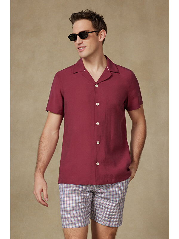 ABBATE Capri Modal Modal Karışımlı Comfort Fit Bordo Apaş Yaka Erkek Düz Gömlek