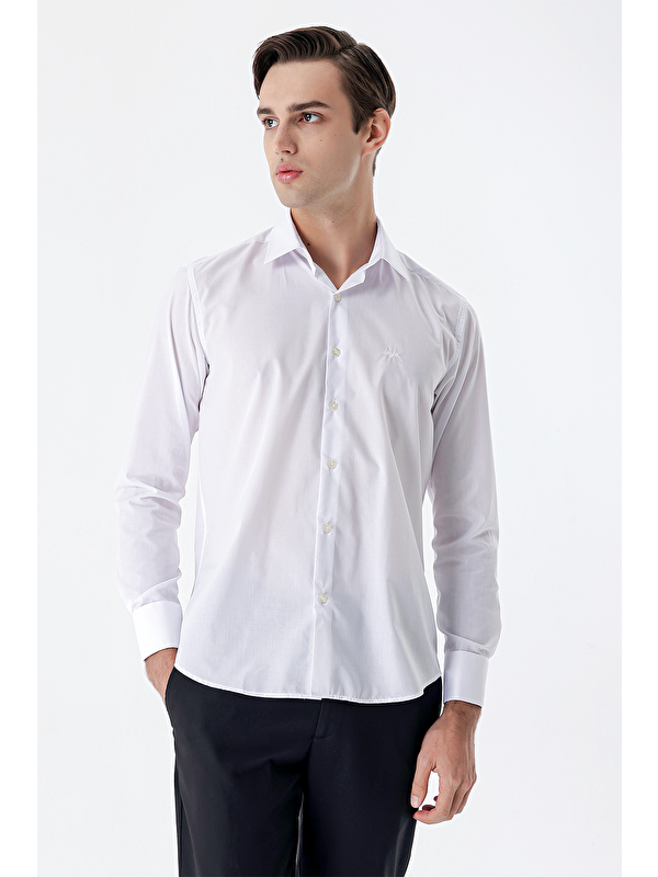 İMZA Beyaz Klasik Yaka Uzun Kol Cepsiz Slim Fit Basic Pamuklu Gömlek 1004255059