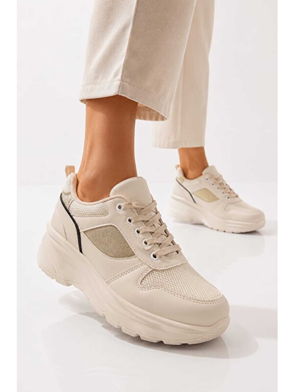 Slipcat Kadın Parıltılı, 6 cm Yükseltilmiş Tabanlı, Bağcıklı, Günlük Kullanım Sneakers