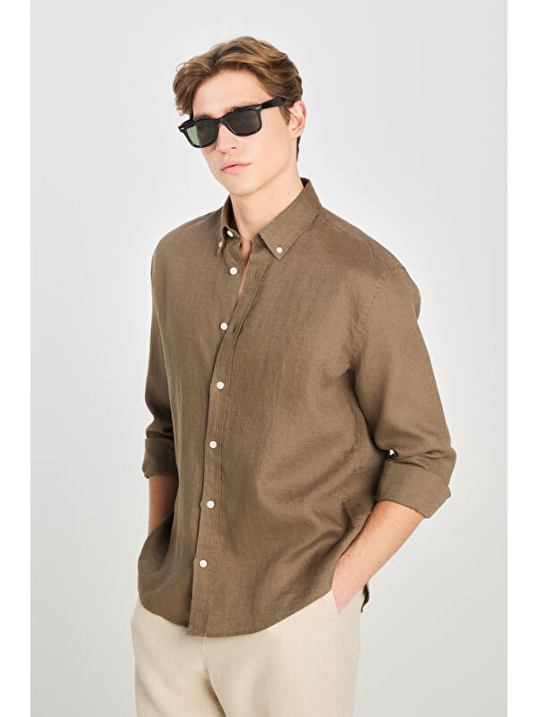 Lee %100 Keten Regular Fit Haki Gömlek