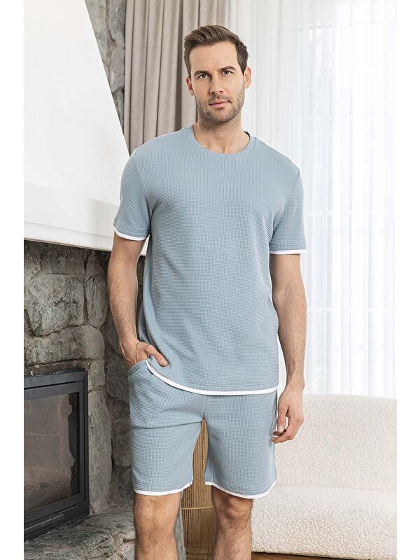 Remsa Erkek Kısa Kol Şort Biye Detay Waffle Kumaş Pijama Takımı 260102 Mint