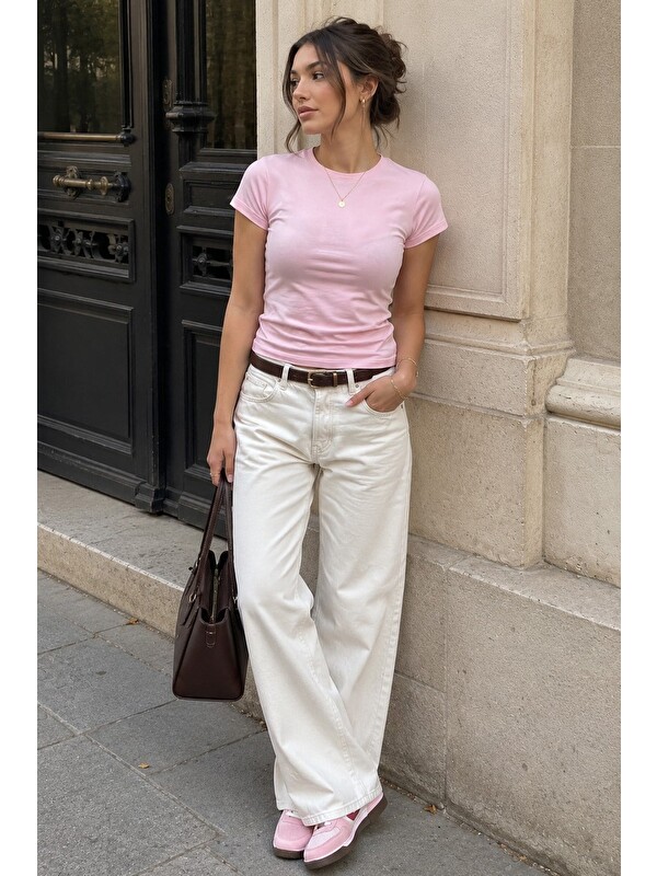 Madmext Pembe Basic Slim Fit Kadın Tişört Mg2818