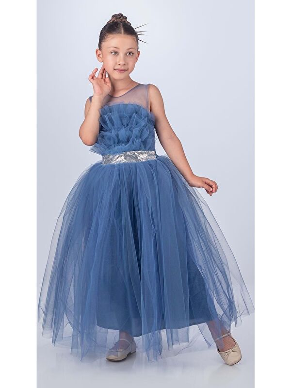 Mnk Baby & Kids Sapes Model Sırt Gipeli Tüllü Kız Çocuk Askılı Saten Abiye MNK0618