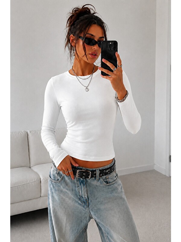 Tarz Cool Kadın Dar/Slim Uzun Kollu Basic Bisiklet Yaka Crop Bluz – Esnek Pamuklu Süprem Kumaş