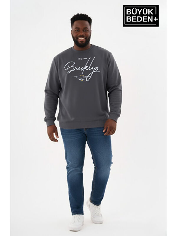 Süperlife Erkek Büyük Beden El Yazılı Brooklyn Baskılı Bisiklet Yaka İnce Sweatshirt SPR26BSW956-6