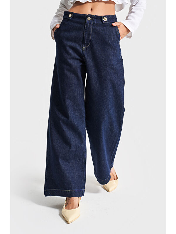 It's Basic Kadın İndigo Renk 7s5-50 Culotte Fit Bol Kesim Viskon Pamuk Kumaş İç Boy 68cm Denim Jean