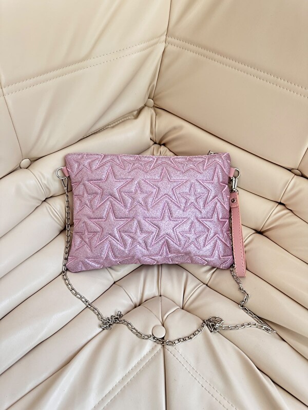 Minebag Tablet Boy Dikişli Clutch Star Kadın Yıldız Çapraz Çanta Tbstar Simli Pembe