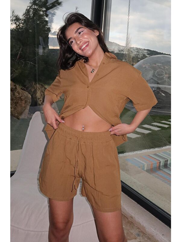 Madmext Camel Basic Kadın Şort Gömlek Takım Mg2361