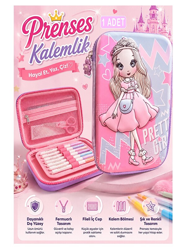 Artlantis Prenses Kabartmalı Bölmeli Kalemlik 1 Adet P-5984 Kız Çocuk Okul Kalem Kutusu 3 Boyutlu Fermuarlı He