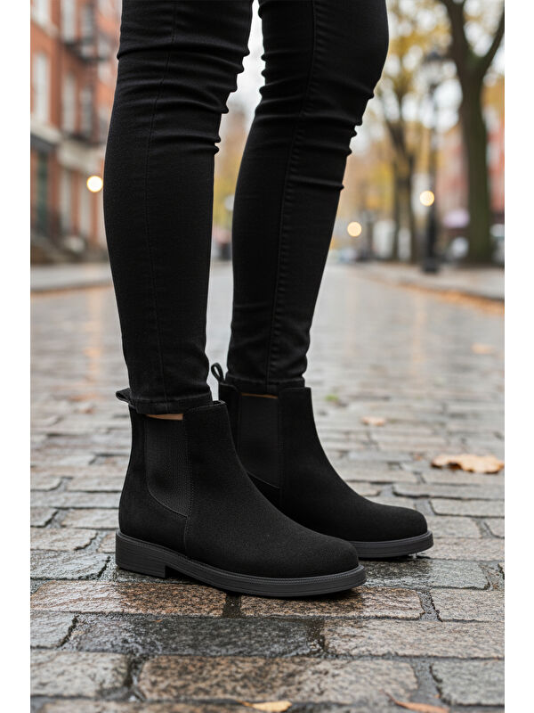 Siyah Süet Polarlı Kolay Giyilebilir Kaymaz Kadın Chelsea Bot 284097 Z - Görsel 4