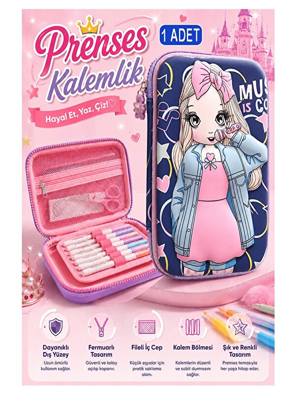 Artlantis Prenses Kabartmalı Bölmeli Kalemlik 1 Adet P-5984 Kız Çocuk Okul Kalem Kutusu 3 Boyutlu Fermuarlı He