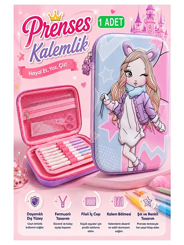 Artlantis Prenses Kabartmalı Bölmeli Kalemlik 1 Adet P-5984 Kız Çocuk Okul Kalem Kutusu 3 Boyutlu Fermuarlı He