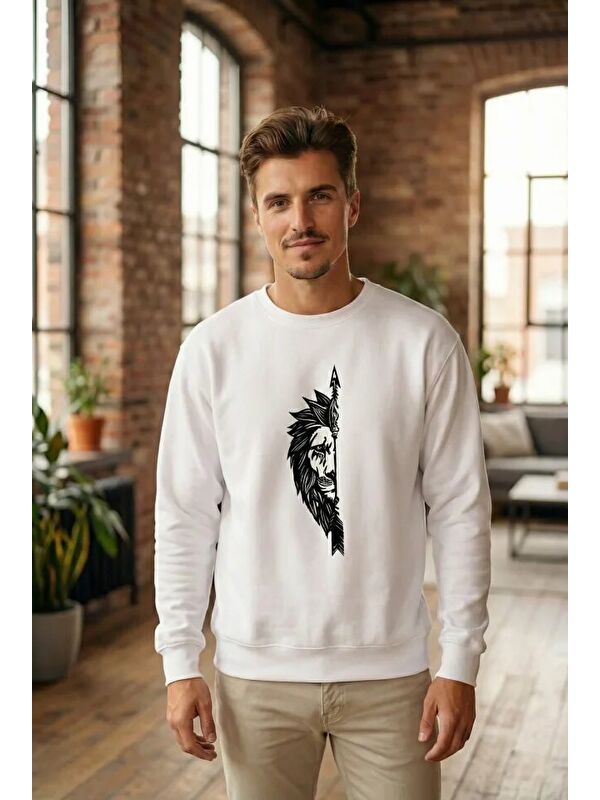 Jane's Sevgililer Günü Özel Bisiklet Yaka Aslan Baskılı Oversize Sweatshirt - Beyaz