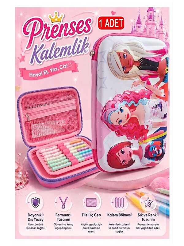 Artlantis Prenses Kabartmalı Bölmeli Kalemlik 1 Adet P-5984 Kız Çocuk Okul Kalem Kutusu 3 Boyutlu Fermuarlı He