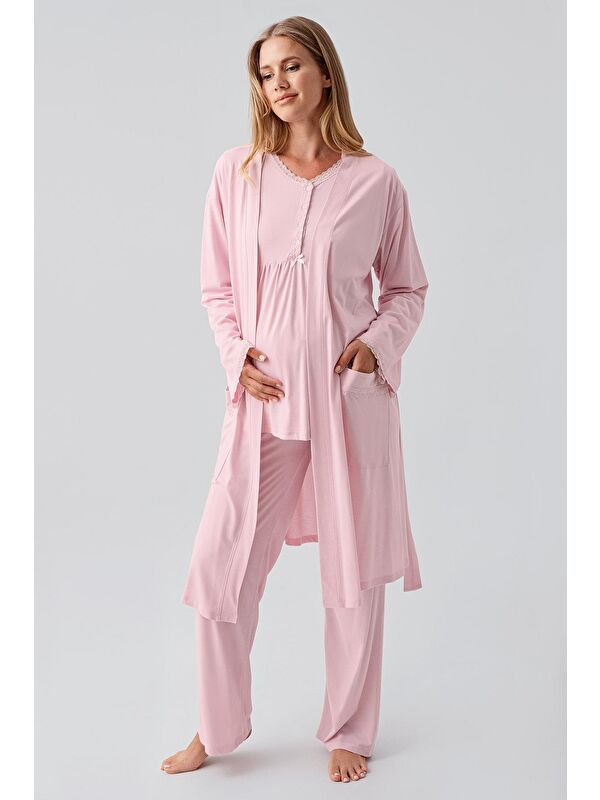 Artış Uzun Kollu Düğmeli Esnek Viskoz Hamile Sabahlık Pijama Takım 18302