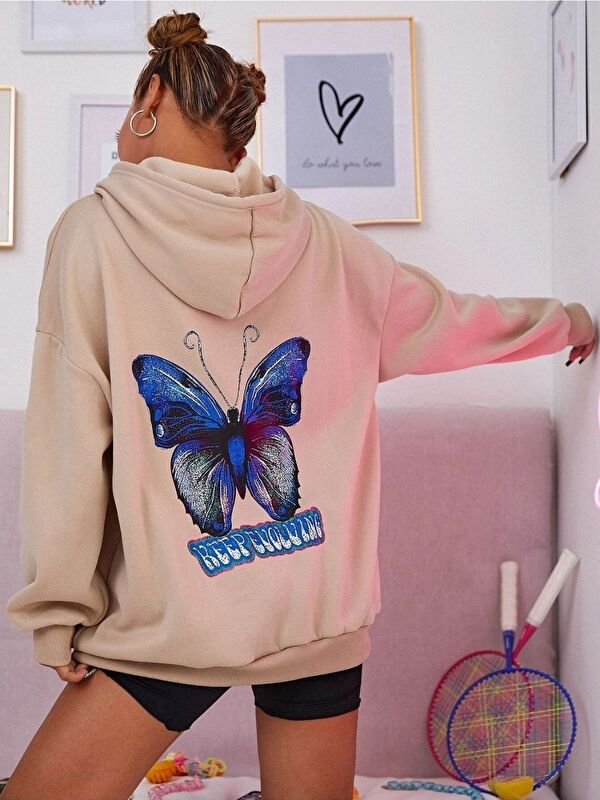 Trendseninle Kadın Bej Butterfly Baskılı Oversize Kapüşonlu Sweatshirt Hoodie