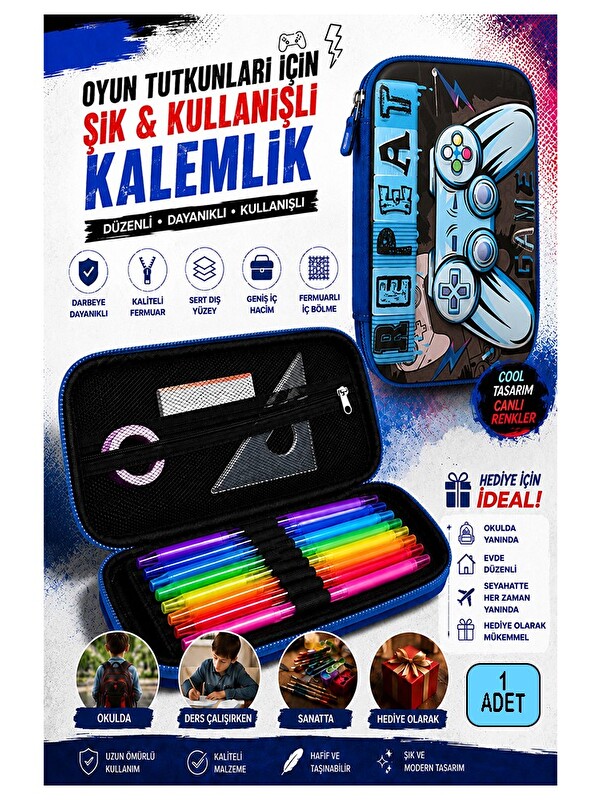 FixPoint Oyun Konsolu Kabartmalı Bölmeli Kalemlik 1 Adet P-6011 Erkek Çocuk Okul Kalem Kutusu 3 Boyutlu Joyst