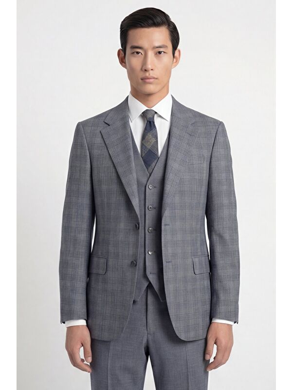 Sabri Özel Gri-Mavi Combined Vest Takım Elbise-37282