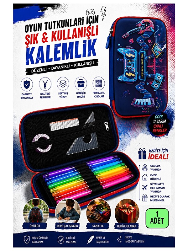 FixPoint Oyun Konsolu Kabartmalı Bölmeli Kalemlik 1 Adet P-6011 Erkek Çocuk Okul Kalem Kutusu 3 Boyutlu Joyst