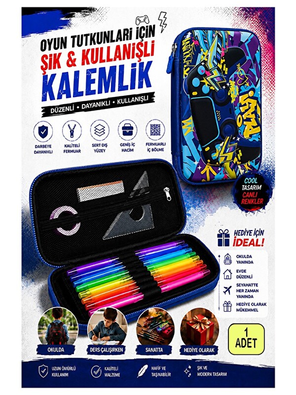 FixPoint Oyun Konsolu Kabartmalı Bölmeli Kalemlik 1 Adet P-6011 Erkek Çocuk Okul Kalem Kutusu 3 Boyutlu Joyst
