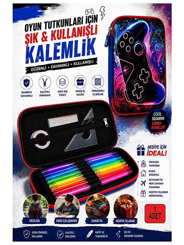 FixPoint Oyun Konsolu Kabartmalı Bölmeli Kalemlik 1 Adet P-6011 Erkek Çocuk Okul Kalem Kutusu 3 Boyutlu Joyst
