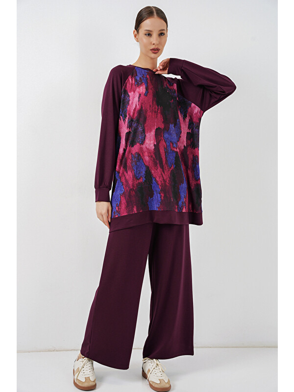 Bigdart Kadın Desenli Oversize Tunik Pantolon İkili Takım 55462 - Mor