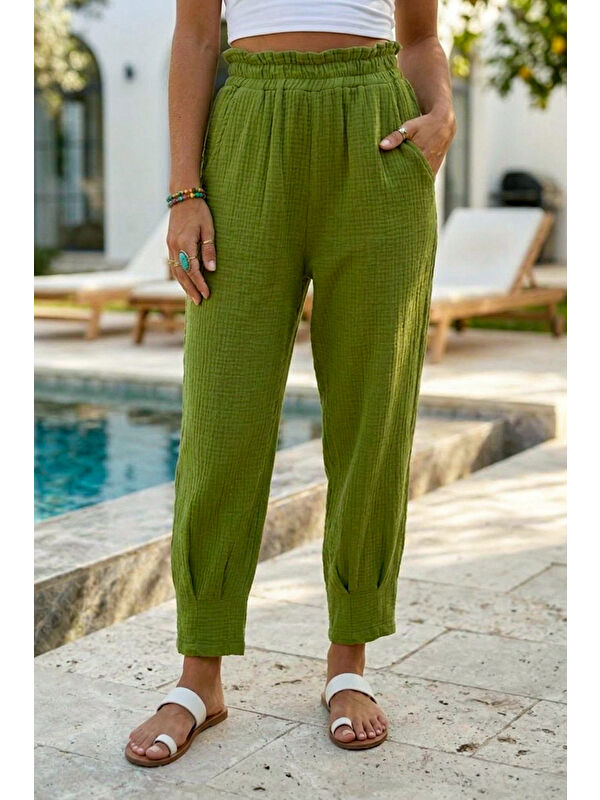 Chiccy Yeşil Cepli Paçası Dikişli Lastikli Bel Şalvar Paça Casual Müslin Dokuma Pantolon 94 63