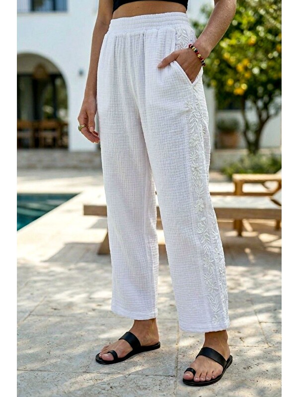 Chiccy Beyaz Cepli Yanları Dantelli Lastikli Bel Casual Müslin Dokuma Pantolon 92 60